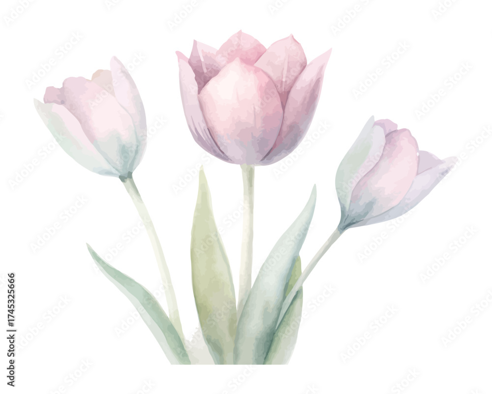 Fototapeta premium Pastel Watercolor Tulips in Minimal Style isolated on white background