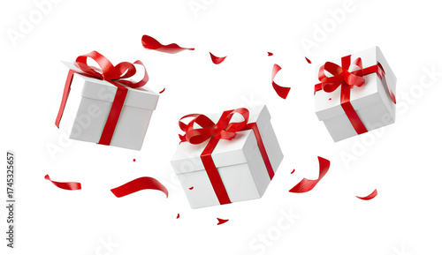 Three floating white gift boxes with red ribbons and scattered red rose petals on black background