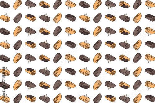 Seamless pattern of sweet roll cakes with chocolate and cream toppings on a white background.
