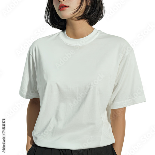 A stylish model showcases a minimalist white crewneck t-shirt against a neutral backdrop