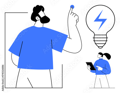 Two figures, one interacting with a virtual button, the other holding a tablet, alongside a lightning-charged light bulb. Ideal for innovation, teamwork, technology, creativity, problem-solving