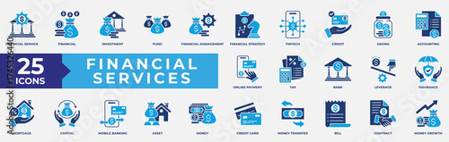 Financial Service Icon Set Collection. Containing finance, management, strategy, fintech, accounting, service, contract and growth icon. Simple Flat Vector Illustration. 