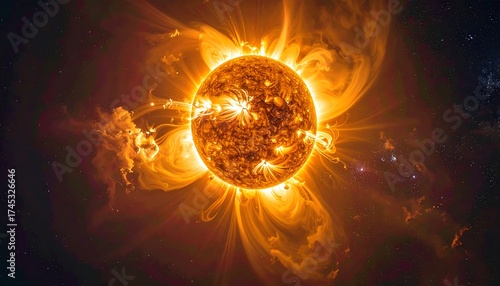 Fiery sun with plasma flares