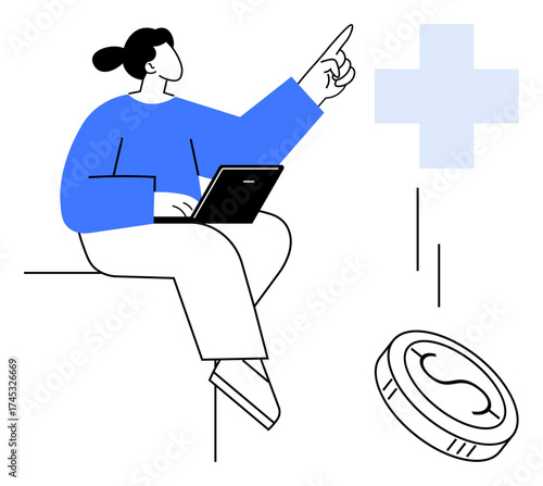 Woman holding a laptop, pointing at a cross with a falling coin nearby. Ideal for health insurance, medical funding, saving, financial support, budgeting, investments charity. Simple flat metaphor