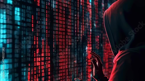Man hacker in a hoodie looking at abstract binary code data, touching virtual screen, concept of cyber security, computer programming footage.