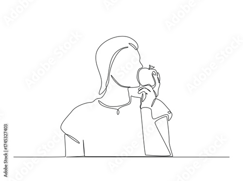 Woman eating fresh fruit in single outline illustration. Continuous line art drawing of woman enjoying fresh apple, vegan concept. Editable stroke.
