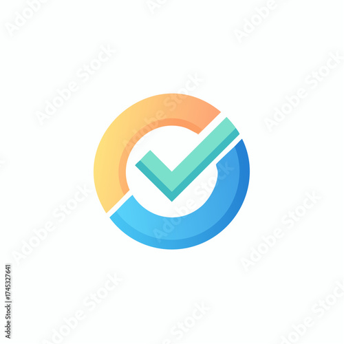 A stylized circular logo featuring a checkmark, representing completion and approval.