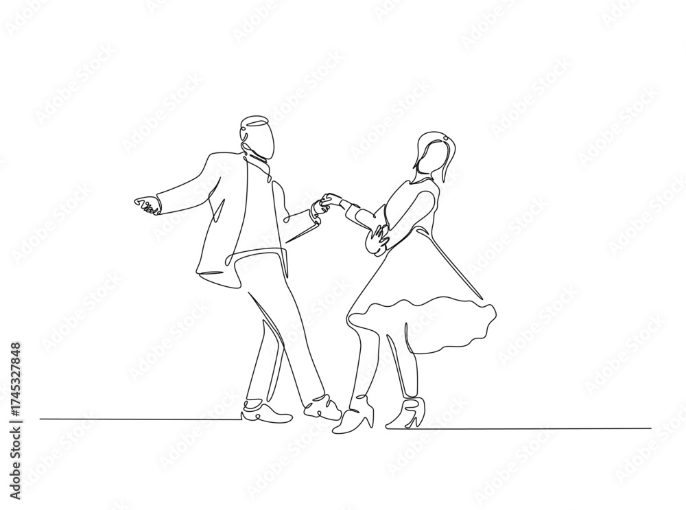 Obraz premium Rimantic couple dancing in single outline illustration. Continuous line art drawing of Happy couple dancing. Editable stroke.