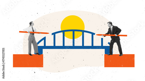 Collage art. Business people building symbolic bridge connecting two sides with teamwork. Concept of negotiation, balance, and constructive cooperation for diplomacy, education and partnership reports