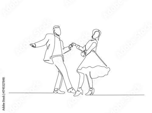 Rimantic couple dancing in single outline illustration. Continuous line art drawing of Happy couple dancing. Editable stroke.