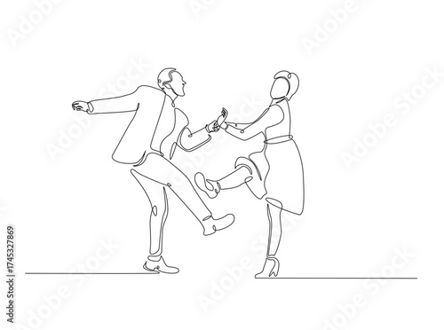 Rimantic couple dancing in single outline illustration. Continuous line art drawing of Happy couple dancing. Editable stroke.