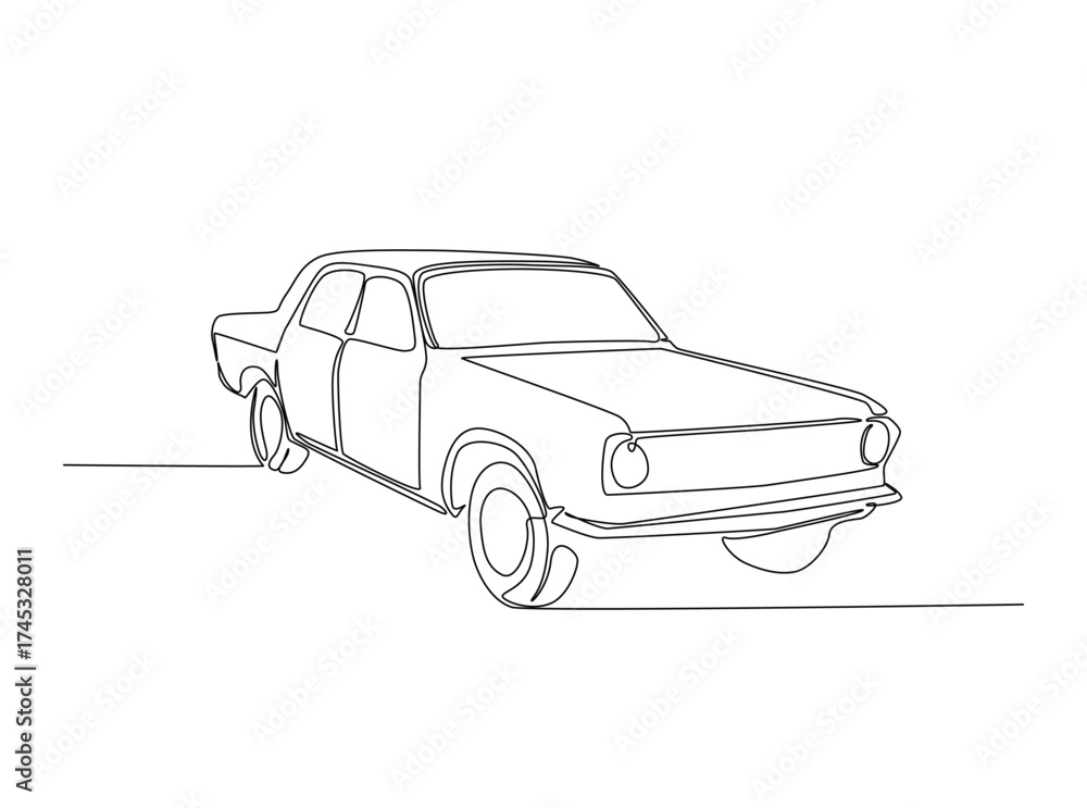 Fototapeta premium Retro car in single outline illustration. Continuous line art drawing of old car in the road. Editable stroke.