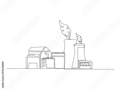 Industrial plant construction in single outline illustration. Continuous line art drawing of factory building area.