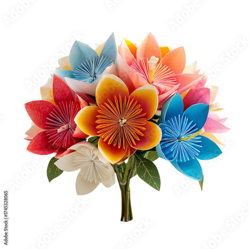 Colorful bouquet of origami flowers isolated on transparent background