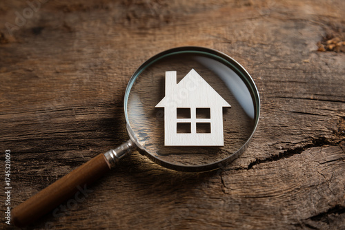 White paper house miniature with magnifying glass. Housing market decline and crisis shortage concept.