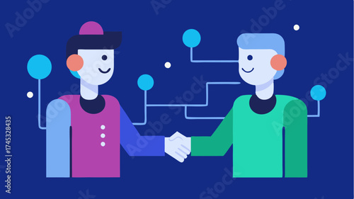 A digital handshake between two avatars signifying collaboration and networking opportunities in virtual spaces.