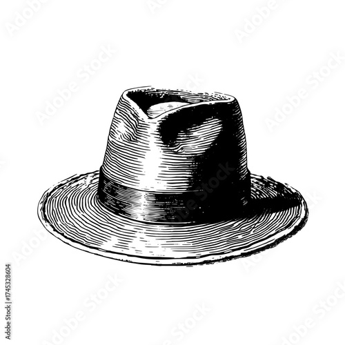 Hand drawn classic hat illustration in engraving style. Black vintage fedora isolated on white background