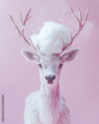 Christmas reindeer with cotton candy antlers pastel minimalist stock photo