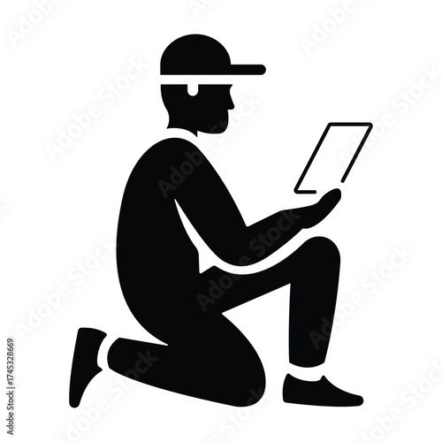 Field Worker, Technician, or Inspector Kneeling with Tablet or Clipboard Icon, Black Silhouette Vector for Inspection, Surveying, Delivery, Construction, and Mobile Reporting
