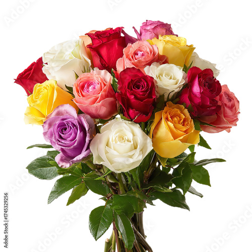 A vibrant bouquet of assorted roses in various colors including red, pink, yellow, white, and purple, isolated on a transparent background, perfect for expressing love and admiration