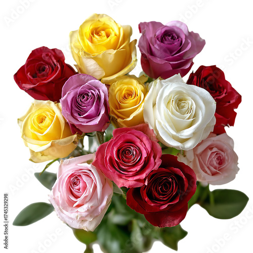 A vibrant bouquet of assorted roses in various colors including red, pink, yellow, and purple, isolated on a transparent background, perfect for celebrations and romantic occasions