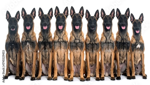 Row of seated Belgian Malinois dogs
