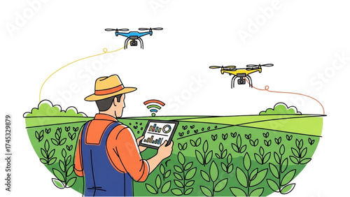 Colorful Continuous Line Art of Farmer Using Tablet with Drones Monitoring Crops, Minimalist Smart Farming and Modern Agriculture Illustration