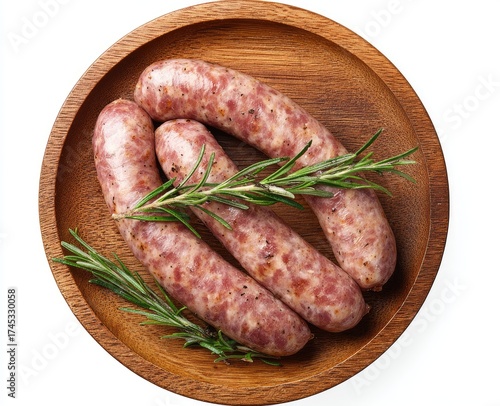Wooden plate holds four uncooked sausages, garnished with rosemary sprigs