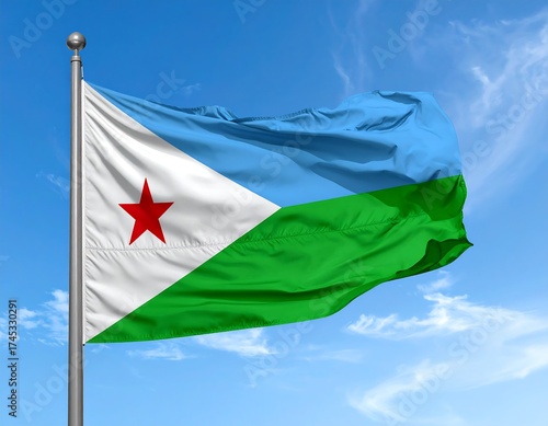 Djibouti flag waving in a clear blue sky