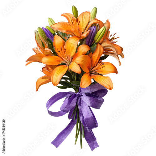 A beautiful bouquet of vibrant orange lilies with purple buds and a purple ribbon, isolated on transparent background