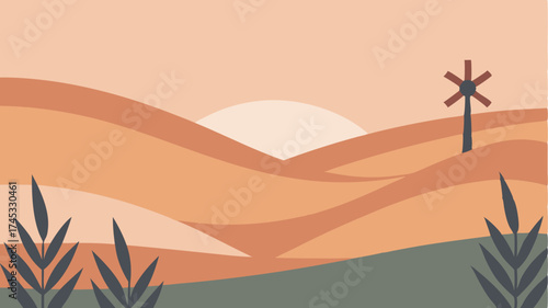 A field of subtly undulating lines representing wheat with a minimalist windmill silhouette against a soft sunset.