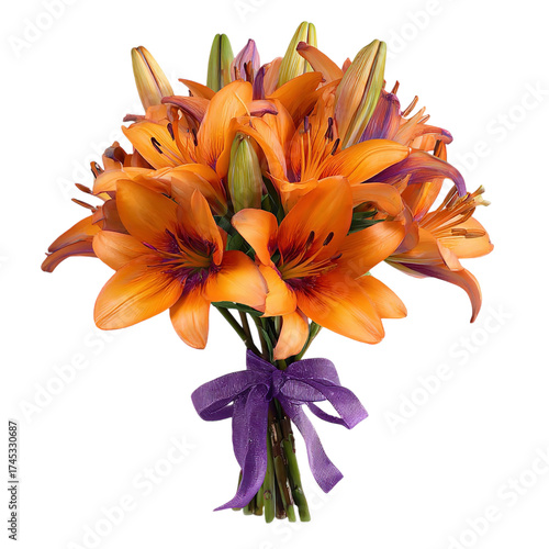 A vibrant bouquet of orange lilies with dark centers, tied with a purple ribbon, isolated on a transparent background