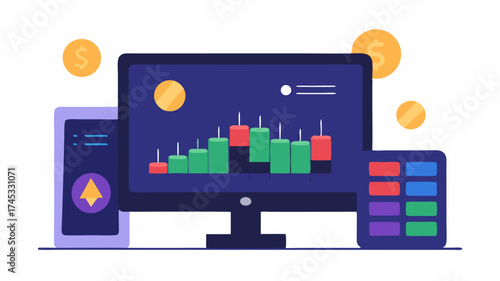 A digital trading interface with a split screen showing both cryptocurrency and stock market prices complete with buysell buttons and user portfolios.