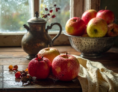 Autumnal still life with apples and a vintage teapot