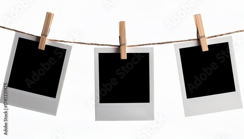 Wallpaper Mural blank polaroid photos hanging on a string with clothespins isolated on white background Torontodigital.ca