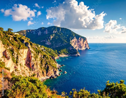 Dramatic coastal view of rugged cliffs and a turquoise sea.  Sunlight bathes the verdant hills and rocky shoreline