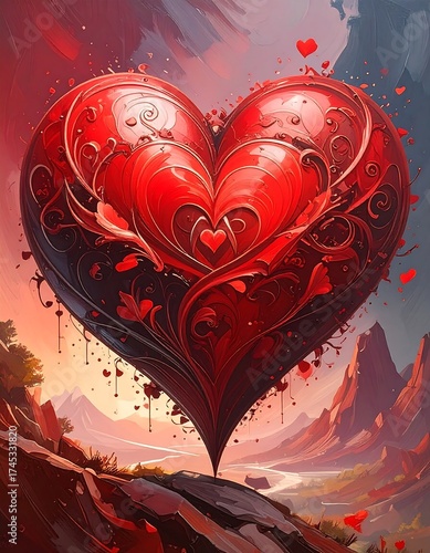 A large, ornate heart, red and detailed, floats above a landscape