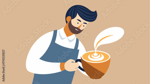 A barista skillfully pouring latte art into a steaming cup of coffee showcasing intricate patterns on the creamy surface.