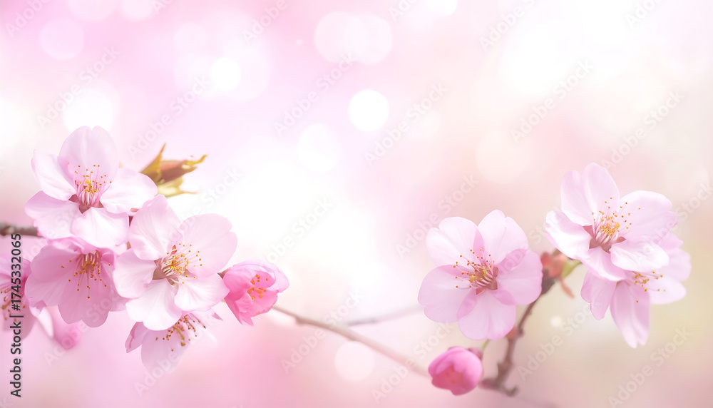 Naklejka premium ピンクの桜が春風に揺れる淡く優しい光の幻想的な背景壁紙