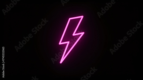 A bright pink neon lightning bolt glows in the dark, symbolizing energy, power, and electricity against a black background
