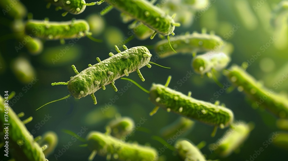Naklejka premium Microscopic view of vibrant green bacteria cells floating in liquid