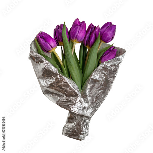 A beautiful bouquet of vibrant purple tulips elegantly wrapped in shimmering silver foil, isolated on a clean transparent background, perfect for spring celebrations and floral arrangements