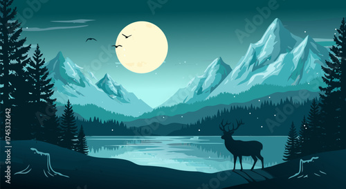 Serene pixel art mountain landscape at night, featuring a lone deer by a moonlit lake, surrounded by towering pine trees and falling snow