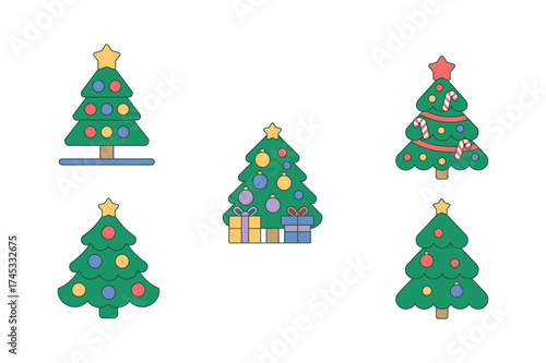 Five festive christmas tree icons with ornaments lights and presents for holiday season celebration design elements