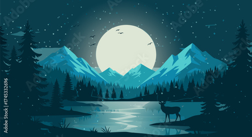 A serene vector illustration depicting a tranquil winter night landscape with a majestic deer by a reflective lake under a luminous full moon, evoking a sense of peaceful natural beauty and solitude