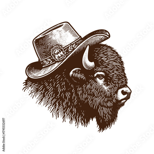 Cowboy Bison Head in Shield – Vintage Woodcut Style Illustration
