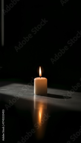 Sole burning candle illuminating a dark room with a peaceful, warm glow and subtle reflection, evoking feelings of hope and tranquility.
