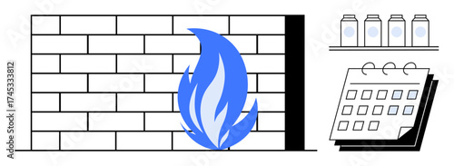 Firewall represented with a blue flame, a storage shelf with jars, and a calendar for scheduling. Ideal for cybersecurity, data protection, backup planning, risk management, technology, organization