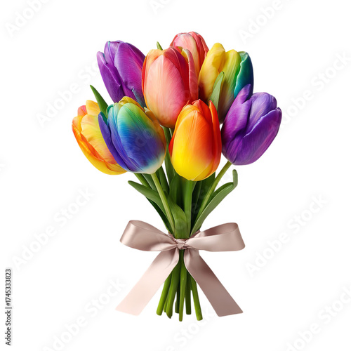 A vibrant bouquet of rainbow tulips tied with a satin ribbon, isolated on transparent background
