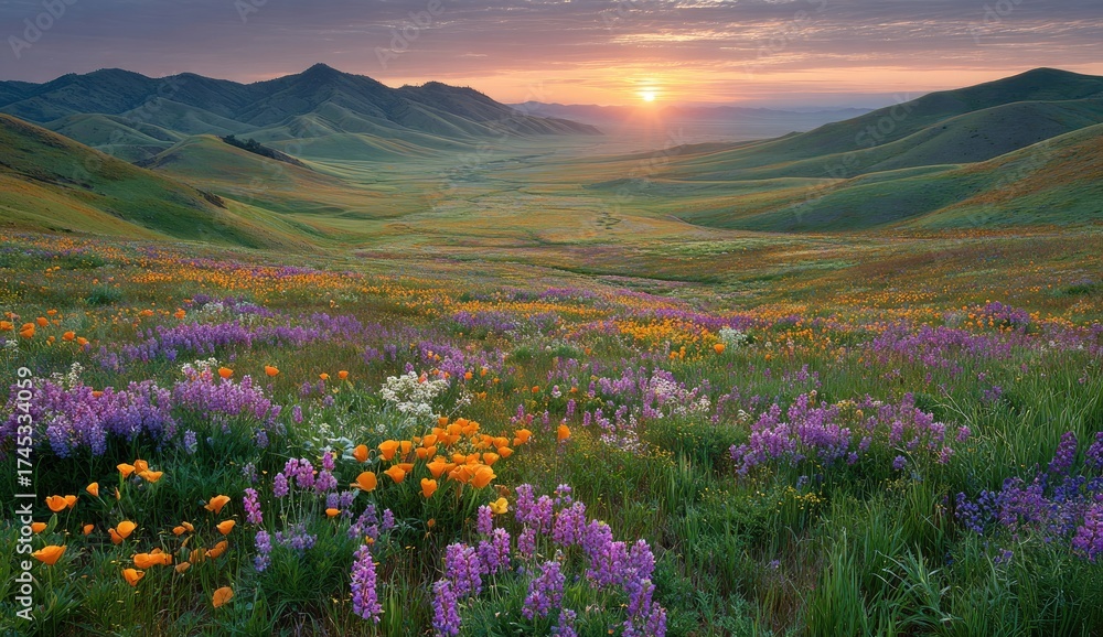 Obraz premium Hillside field of wildflowers at sunrise; mountain range backdrop